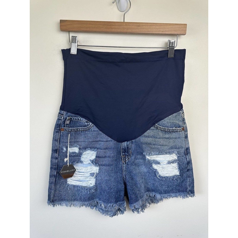 Pinkblush NWT Maternity Full Panel Medium Wash Cut Off Distressed Shorts Sz Med